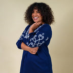 TAMSY 100% Cotton Embroidered V Neck Dress (Size S-M) - Blue