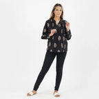 TAMSY 100% Cotton Leaf Printed Top with Full Sleeves (Size S,8-10) - Black