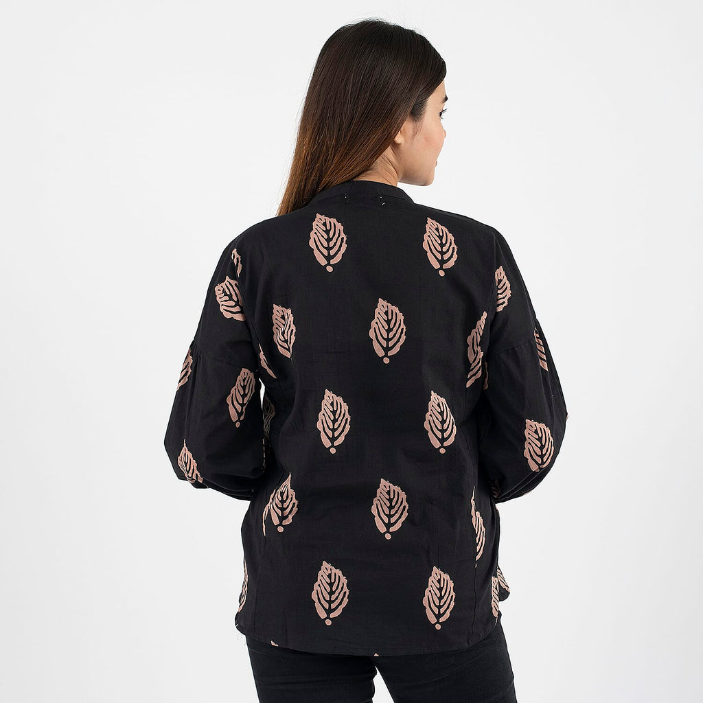 TAMSY 100% Cotton Leaf Printed Top with Full Sleeves (Size S,8-10) - Black
