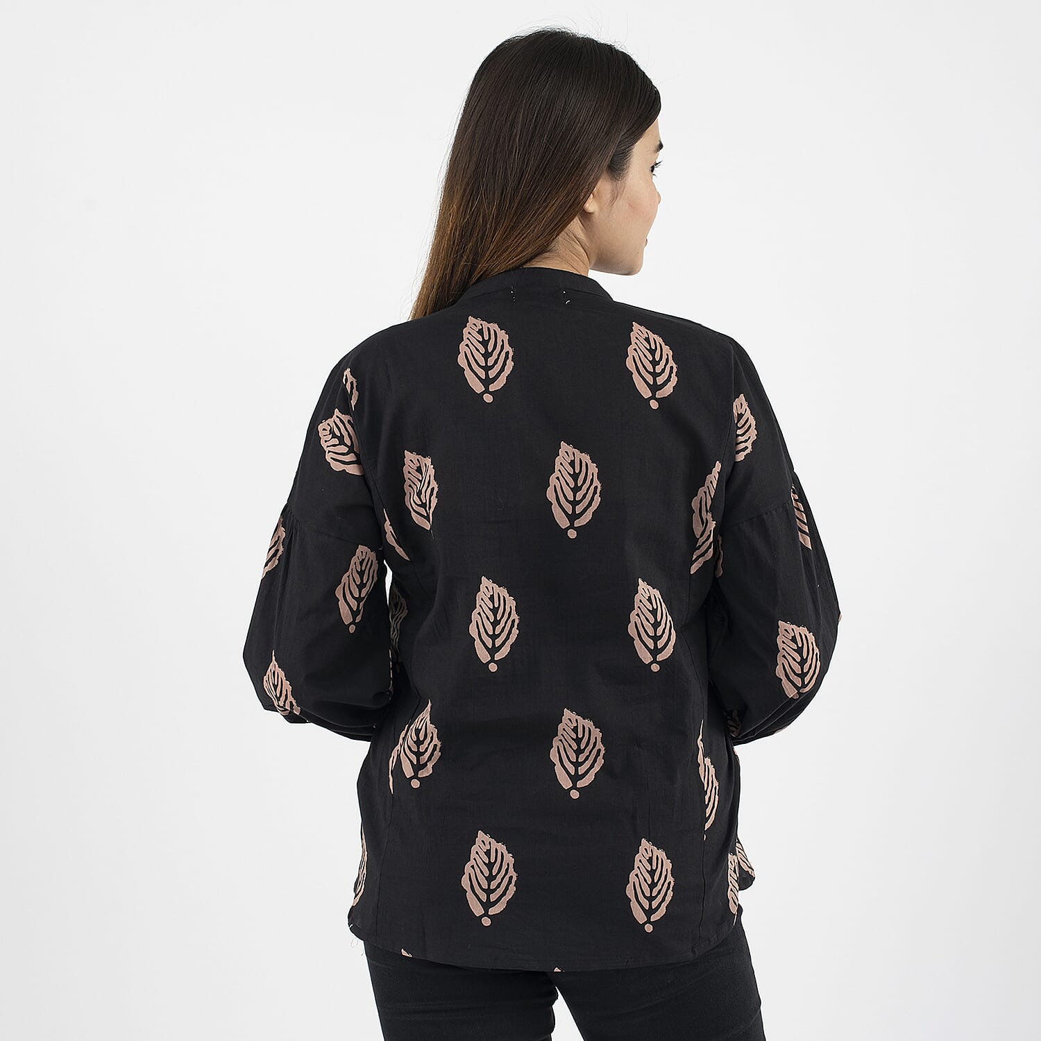 TAMSY 100% Cotton Leaf Printed Top with Full Sleeves (Size S,8-10) - Black