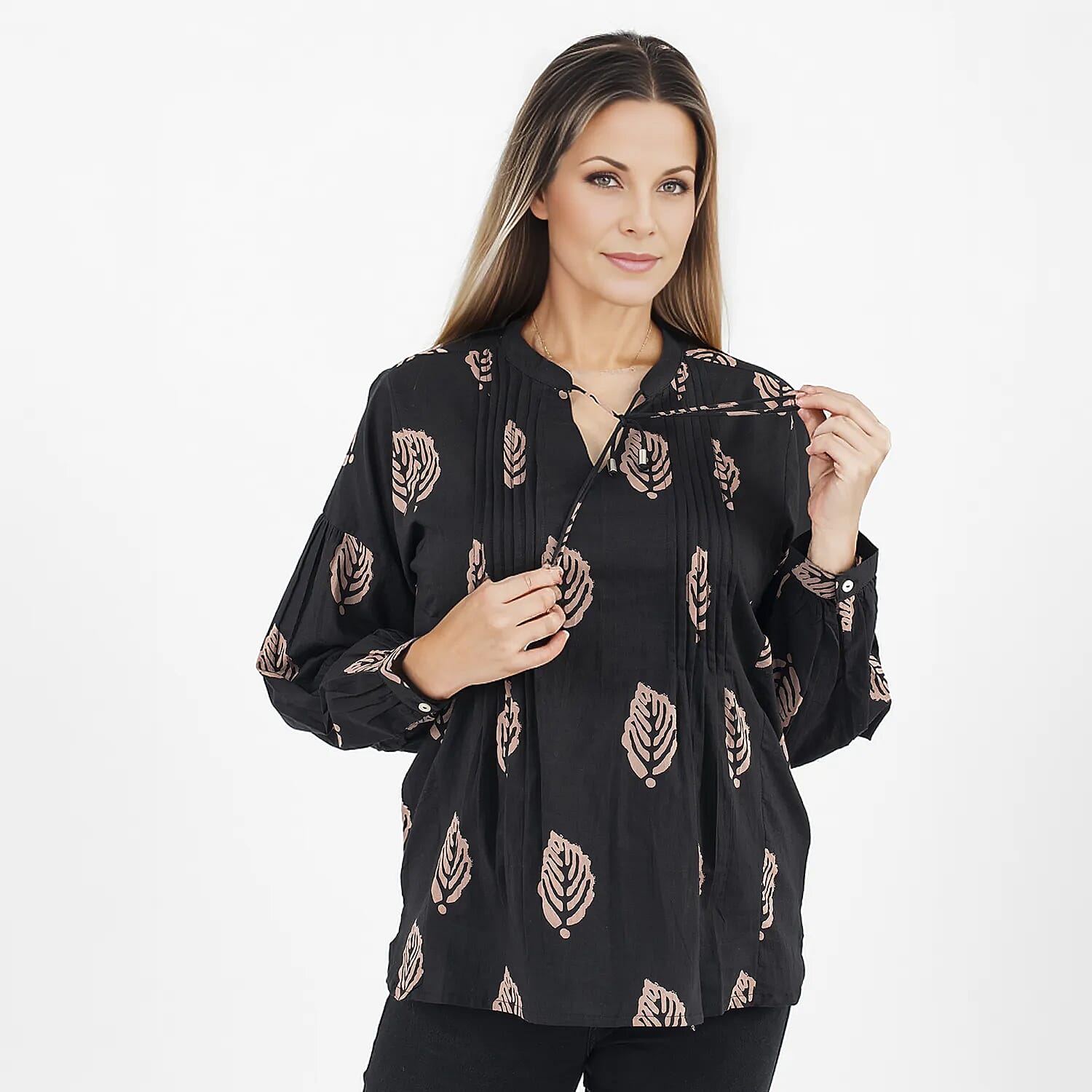 TAMSY 100% Cotton Leaf Printed Top with Full Sleeves (Size S,8-10) - Black