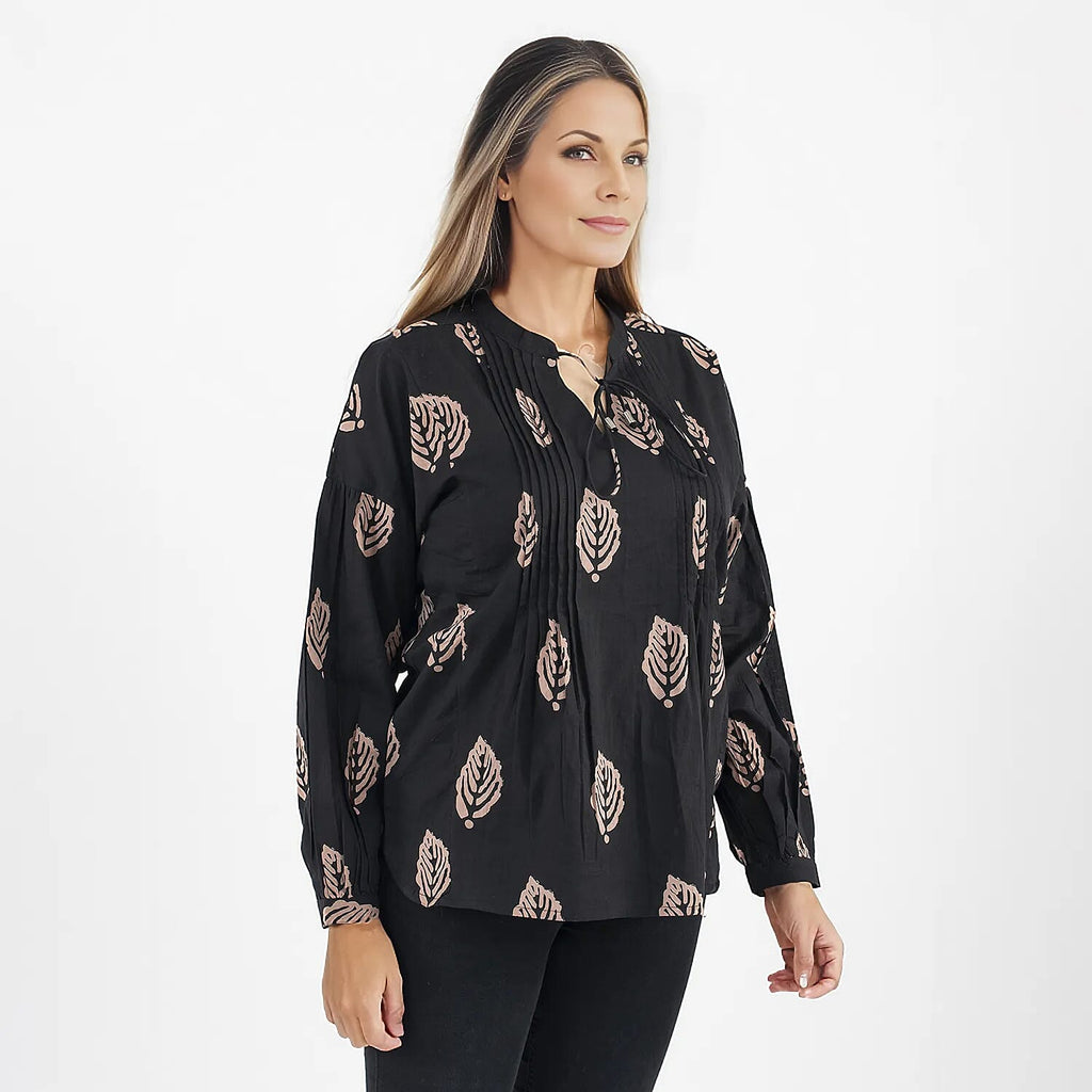 TAMSY 100% Cotton Leaf Printed Top with Full Sleeves (Size S,8-10) - Black