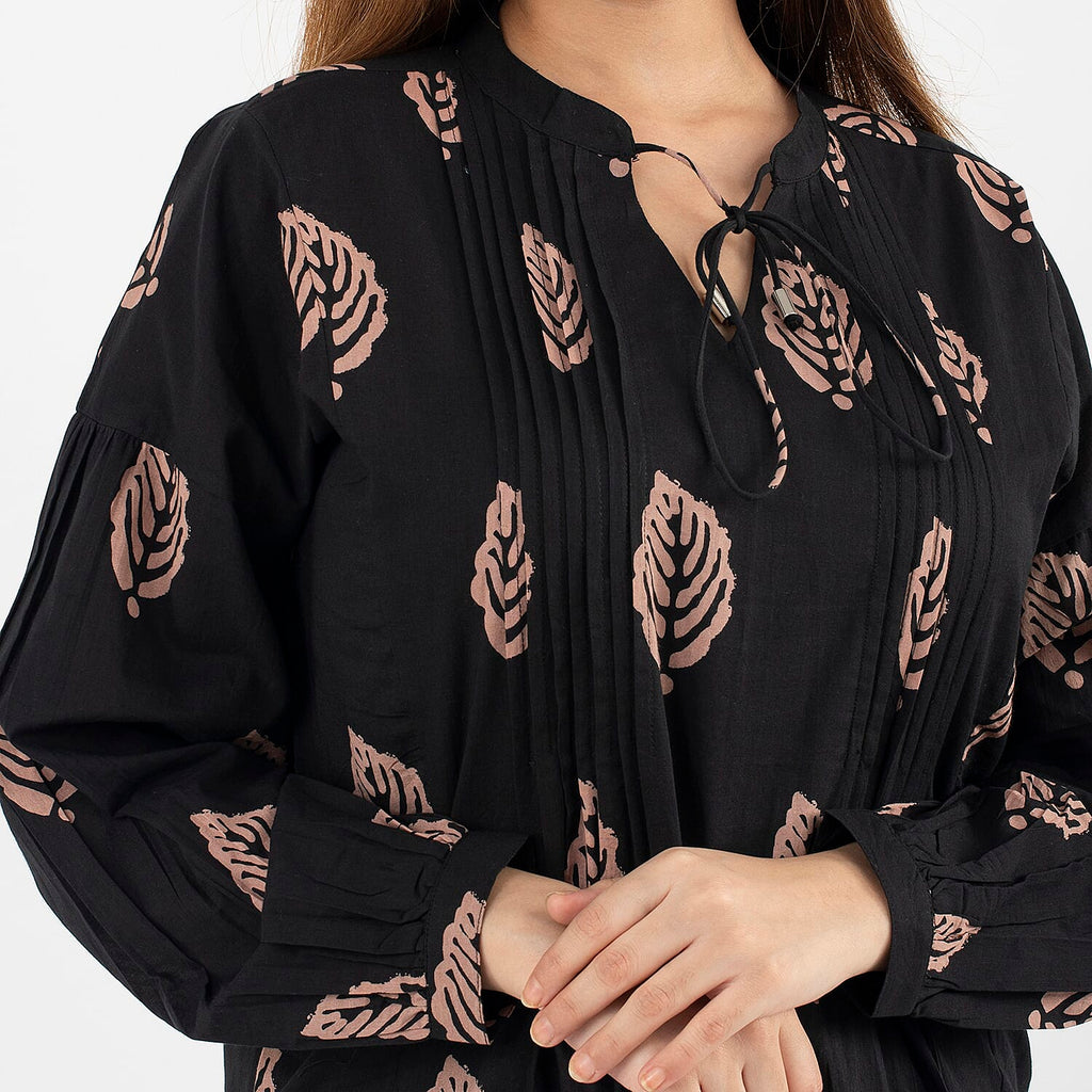 TAMSY 100% Cotton Leaf Printed Top with Full Sleeves (Size S,8-10) - Black