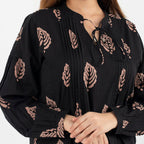 TAMSY 100% Cotton Leaf Printed Top with Full Sleeves (Size S,8-10) - Black