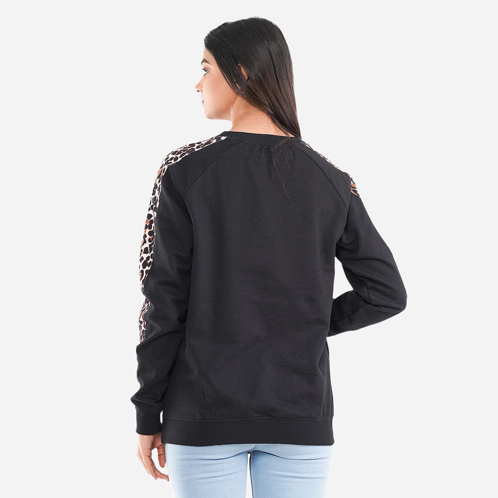 TAMSY 100% Cotton Leopard Pattern Sleeve Fleece Sweatshirt (Size L) - Black