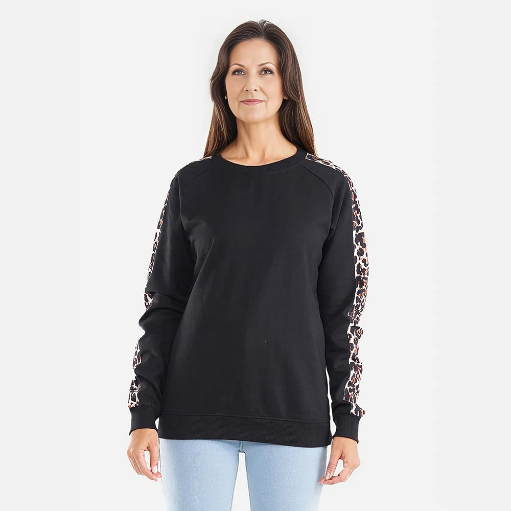 TAMSY 100% Cotton Leopard Pattern Sleeve Fleece Sweatshirt (Size L) - Black