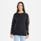 TAMSY 100% Cotton Leopard Pattern Sleeve Fleece Sweatshirt (Size L) - Black