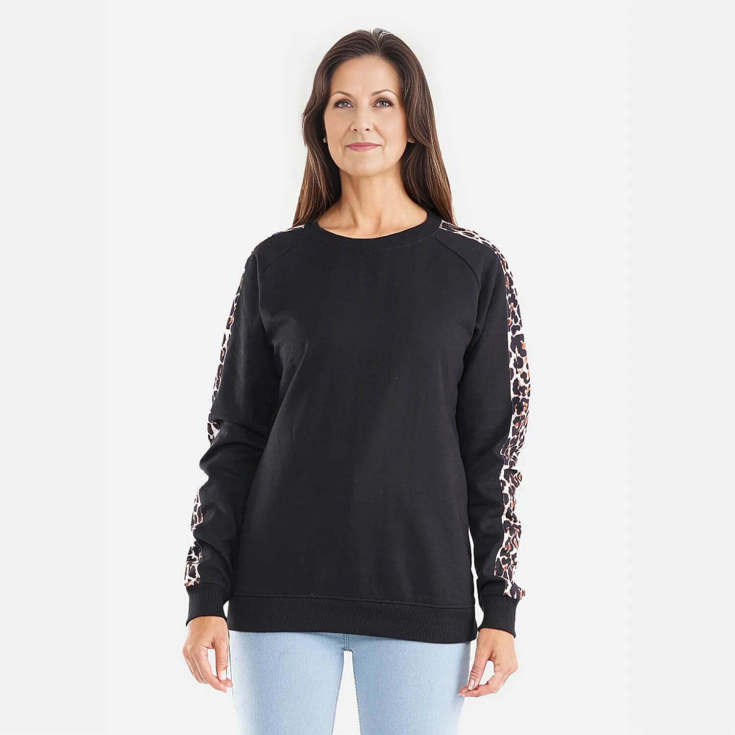 TAMSY 100% Cotton Leopard Pattern Sleeve Fleece Sweatshirt (Size L) - Black