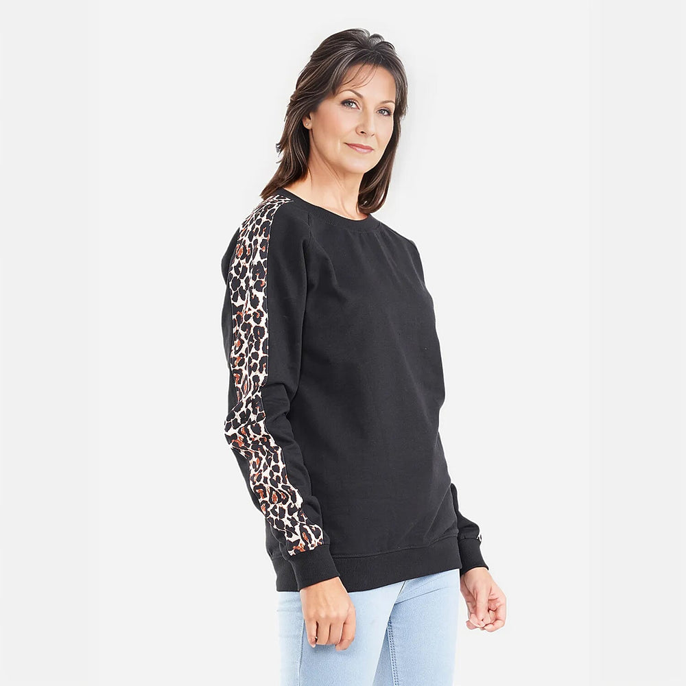 TAMSY 100% Cotton Leopard Pattern Sleeve Fleece Sweatshirt (Size L) - Black
