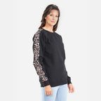 TAMSY 100% Cotton Leopard Pattern Sleeve Fleece Sweatshirt (Size L) - Black