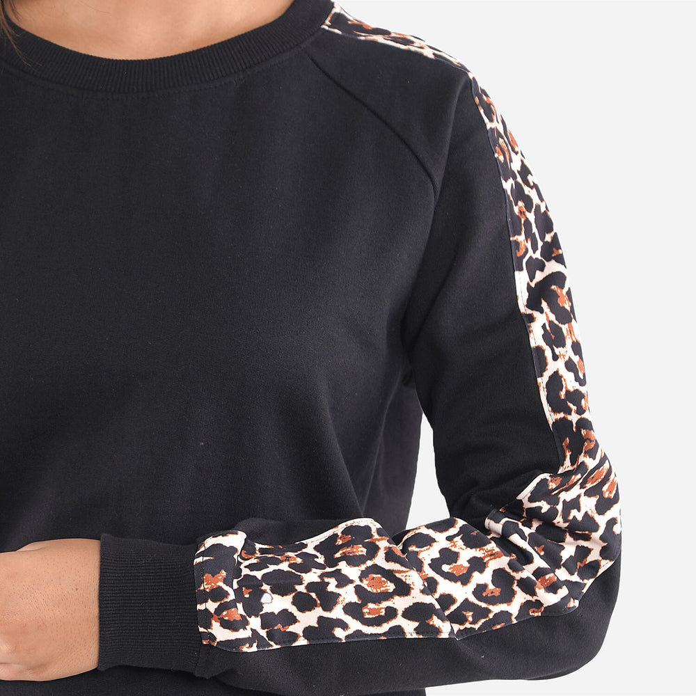 TAMSY 100% Cotton Leopard Pattern Sleeve Fleece Sweatshirt (Size L) - Black
