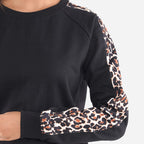 TAMSY 100% Cotton Leopard Pattern Sleeve Fleece Sweatshirt (Size L) - Black
