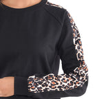 TAMSY 100% Cotton Leopard Pattern Sleeve Fleece Sweatshirt (Size S) - Black