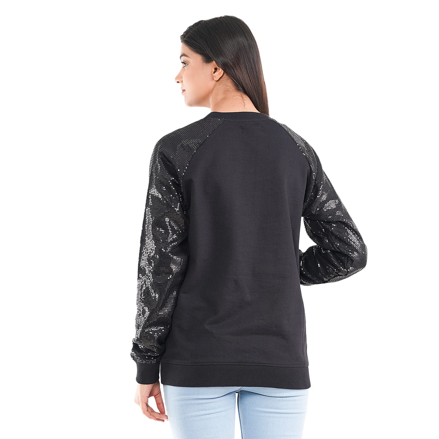 TAMSY 100% Cotton Sequin Sleeve Fleece Sweatshirt (Size M) - Black