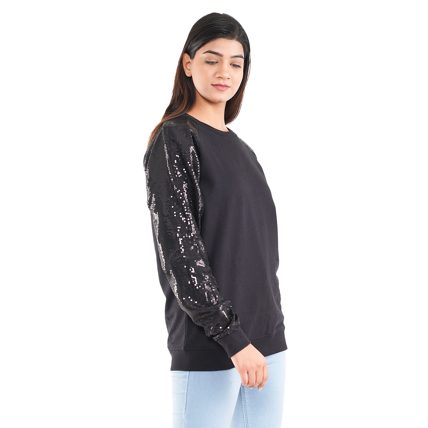 TAMSY 100% Cotton Sequin Sleeve Fleece Sweatshirt (Size XL) - Black