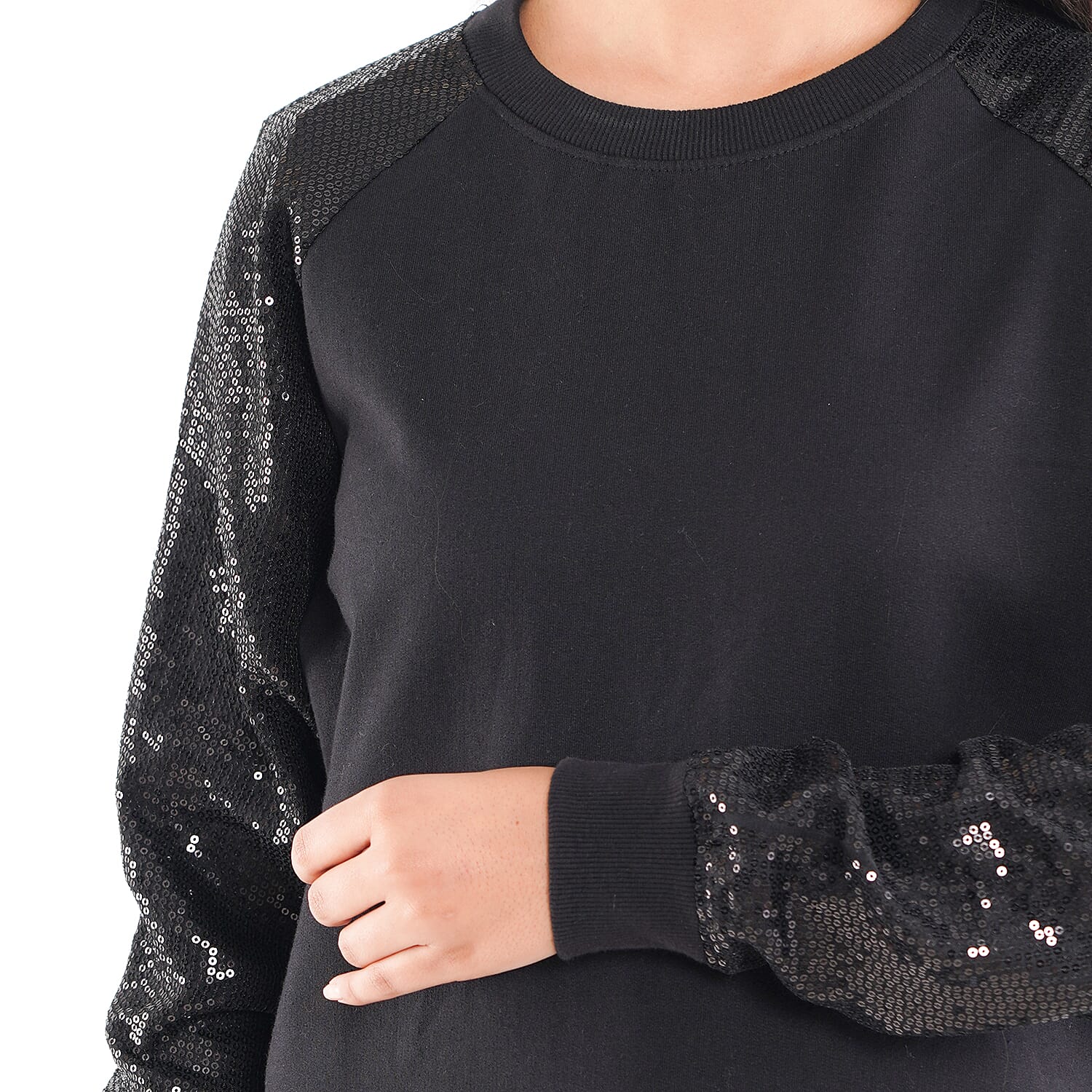 TAMSY 100% Cotton Sequin Sleeve Fleece Sweatshirt (Size XL) - Black
