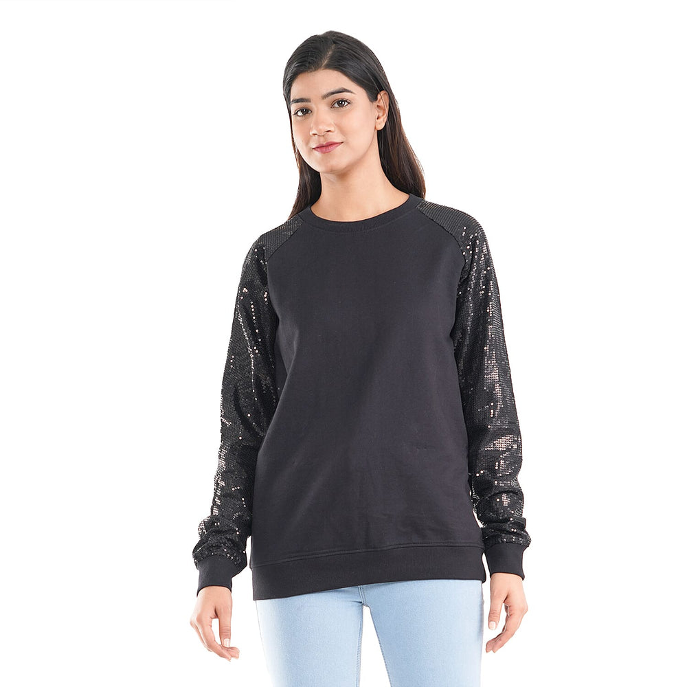 TAMSY 100% Cotton Sequin Sleeve Fleece Sweatshirt (Size XXL) - Black