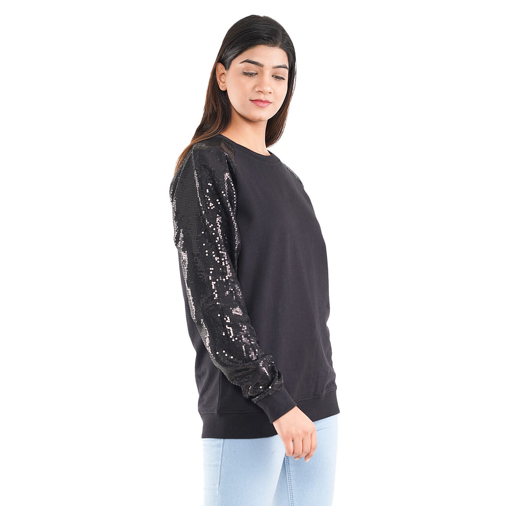 TAMSY 100% Cotton Sequin Sleeve Fleece Sweatshirt (Size XXL) - Black
