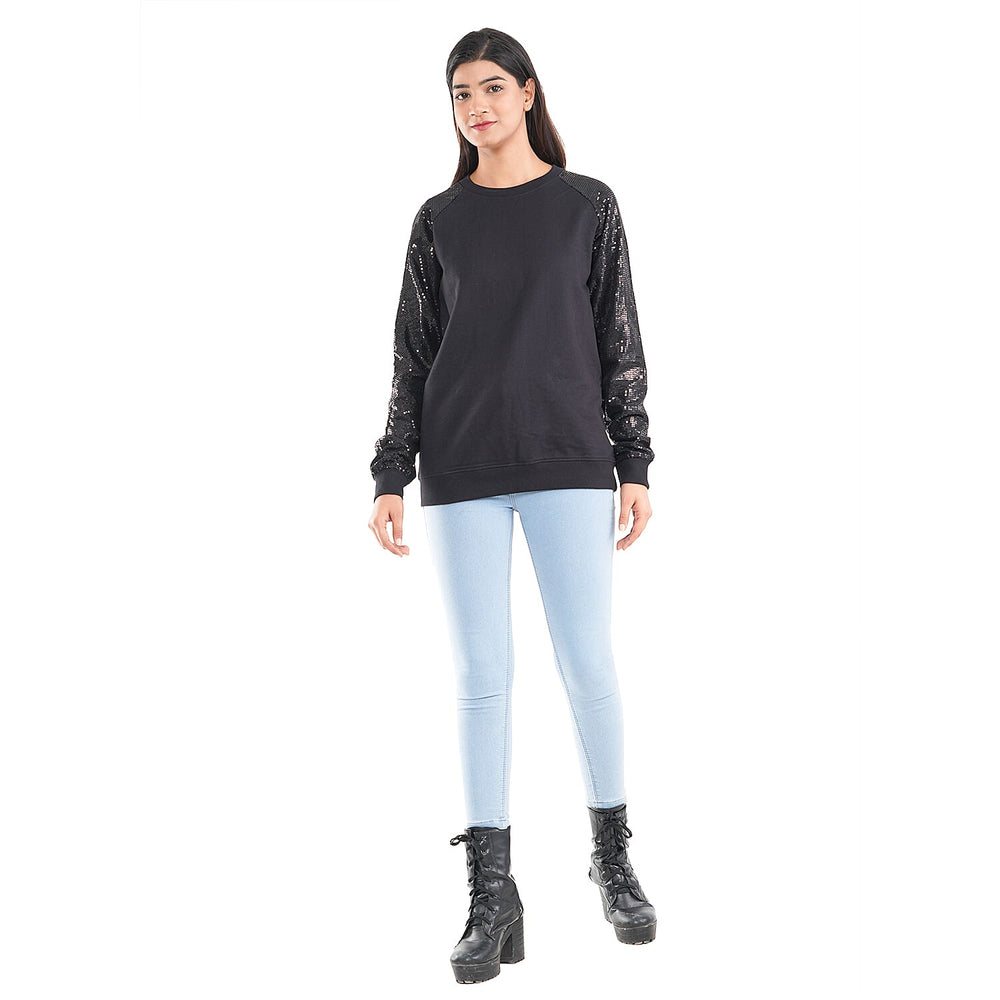 TAMSY 100% Cotton Sequin Sleeve Fleece Sweatshirt (Size XXL) - Black