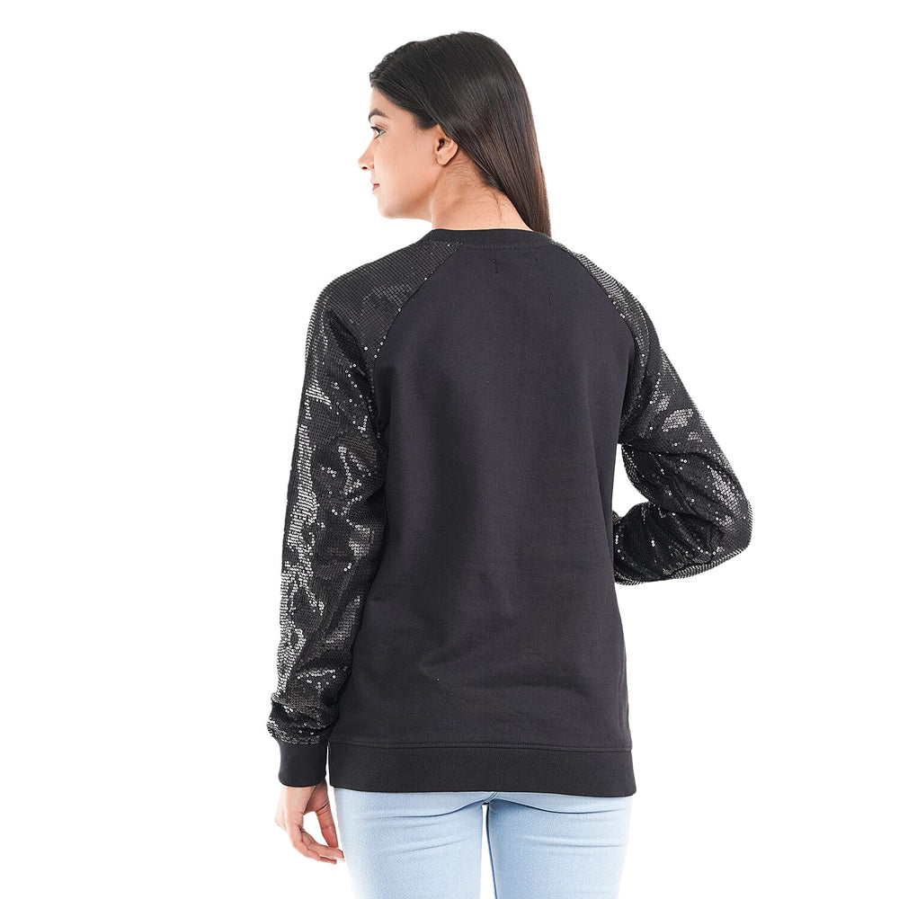 TAMSY 100% Cotton Sequin Sleeve Fleece Sweatshirt (Size XXL) - Black