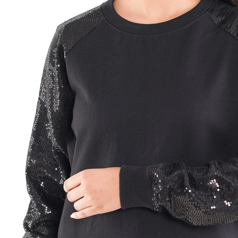 TAMSY 100% Cotton Sequin Sleeve Fleece Sweatshirt (Size XXL) - Black