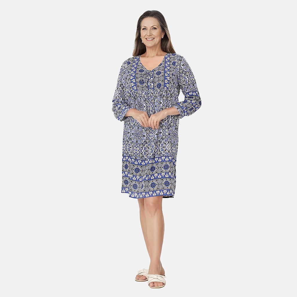 TAMSY 100% Viscose Floral Pattern Dress (Size M,12 - 14) - Blue & White