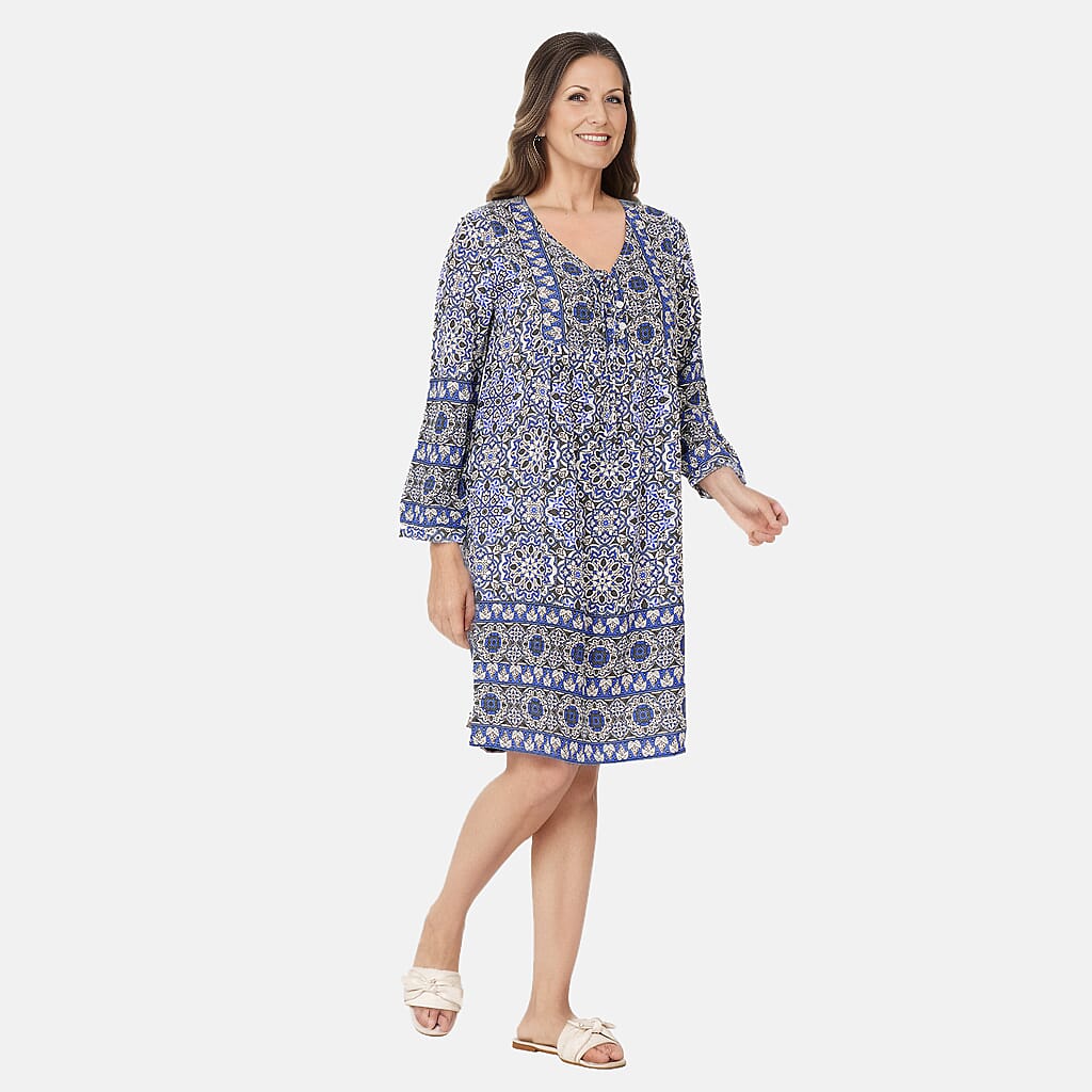 TAMSY 100% Viscose Floral Pattern Dress (Size M,12 - 14) - Blue & White