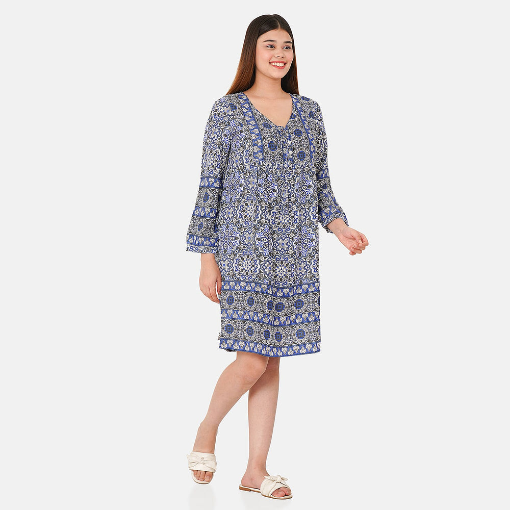 TAMSY 100% Viscose Floral Pattern Dress (Size XXL,24 - 26) - Blue - White