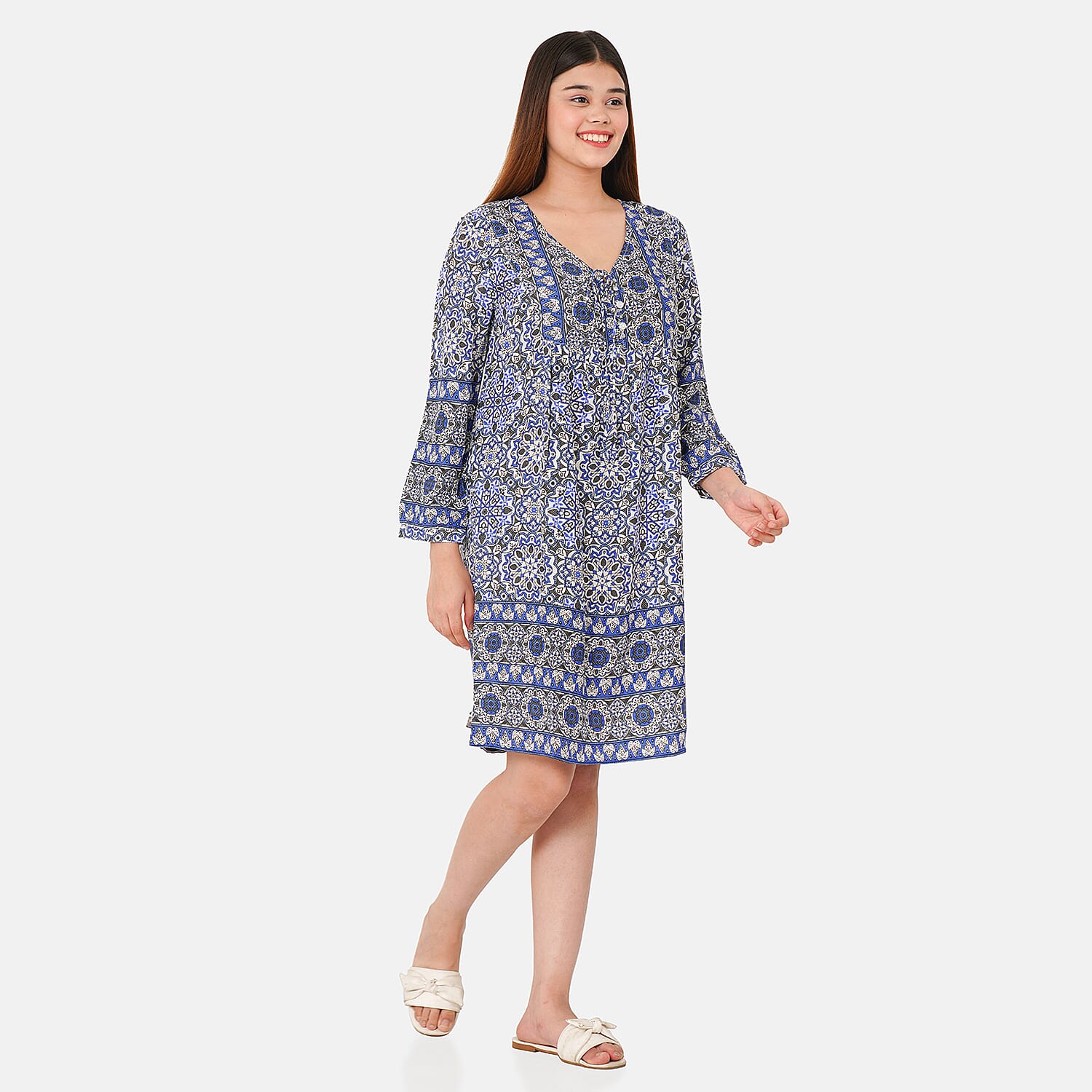 TAMSY 100% Viscose Floral Pattern Dress (Size XXL,24 - 26) - Blue - White
