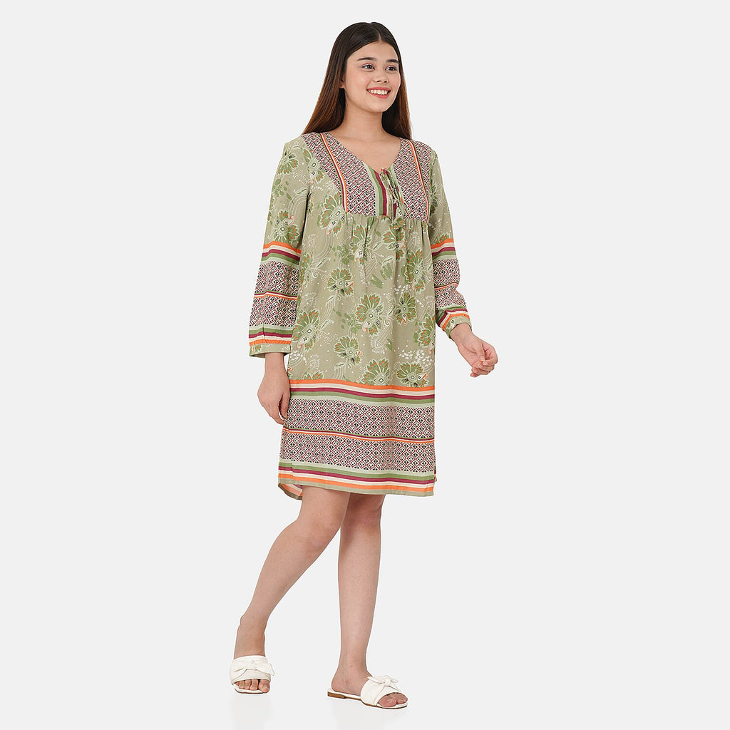 100% Viscose Floral Pattern Dress (Size M,12 - 14) - Light Green