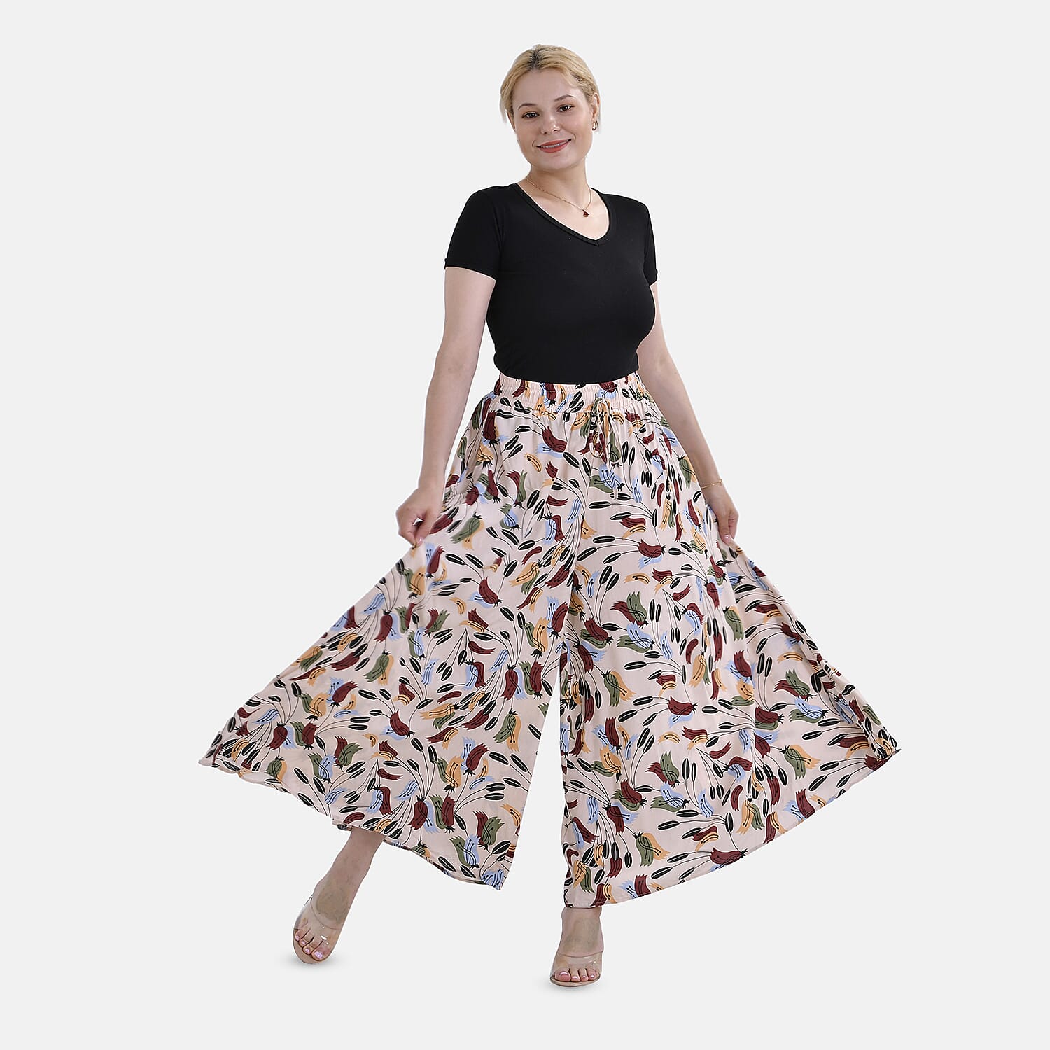 Tamsy 100% Viscose Floral Pattern Elastic-waistband Culotte (One Size 8 - 18) - Beige & Multi