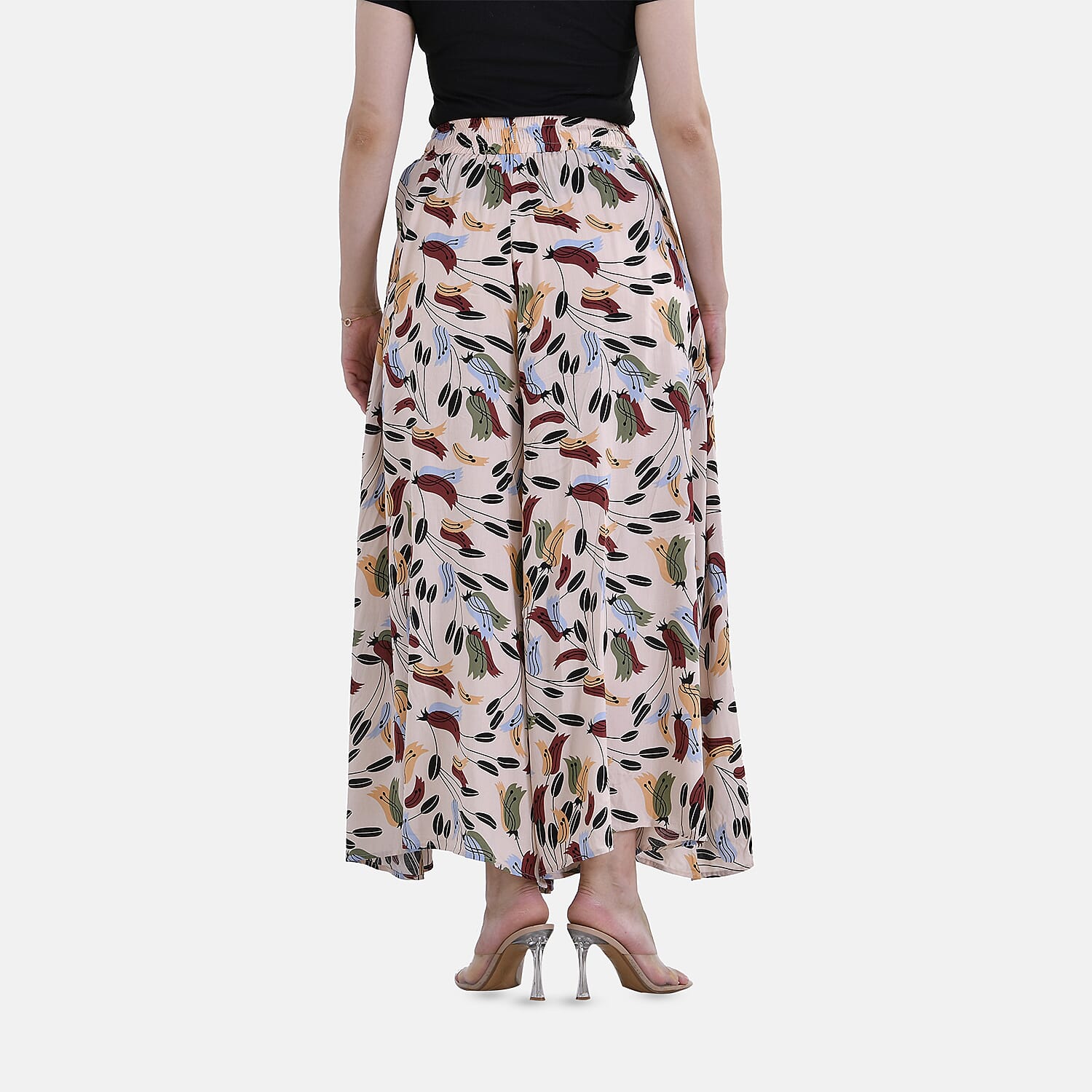 Tamsy 100% Viscose Floral Pattern Elastic-waistband Culotte (One Size 8 - 18) - Beige & Multi