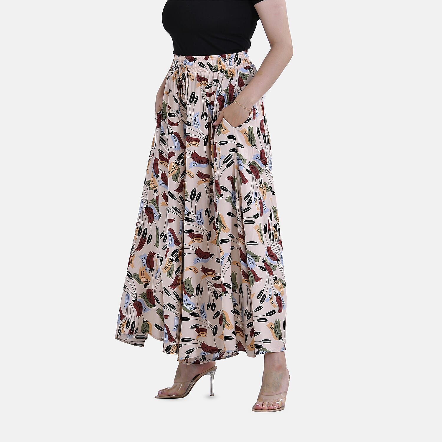Tamsy 100% Viscose Floral Pattern Elastic-waistband Culotte (One Size 8 - 18) - Beige & Multi