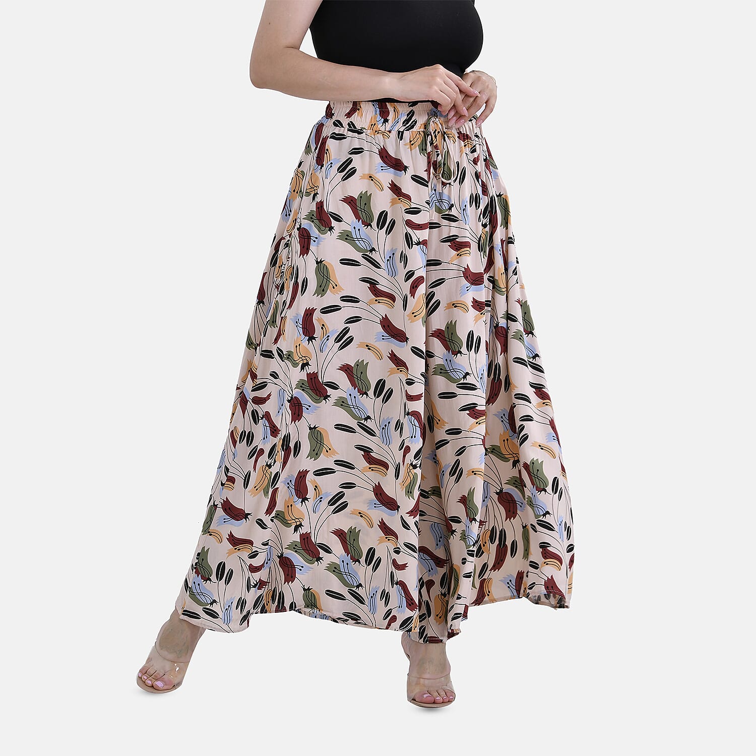Tamsy 100% Viscose Floral Pattern Elastic-waistband Culotte (One Size 8 - 18) - Beige & Multi