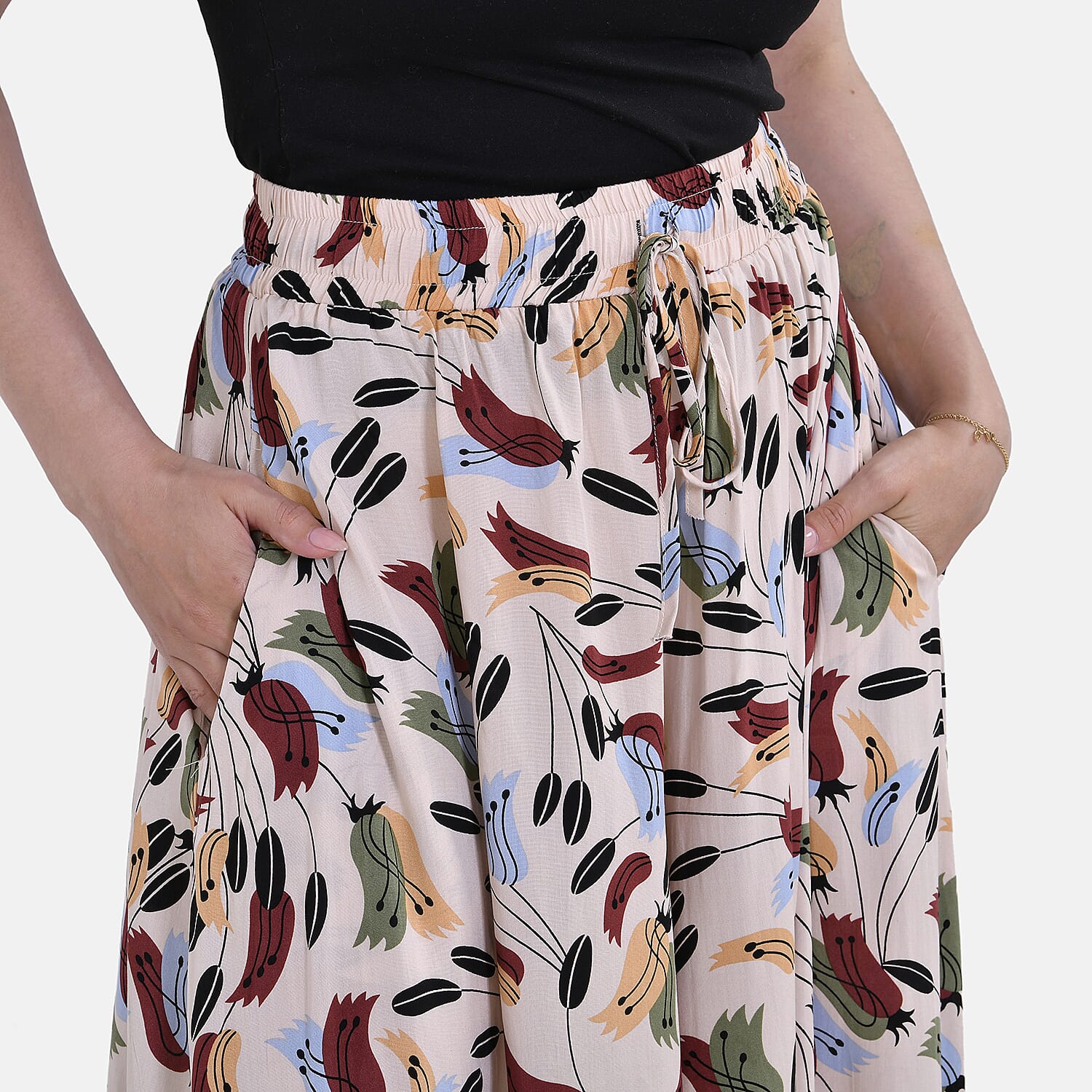Tamsy 100% Viscose Floral Pattern Elastic-waistband Culotte (One Size 8 - 18) - Beige & Multi