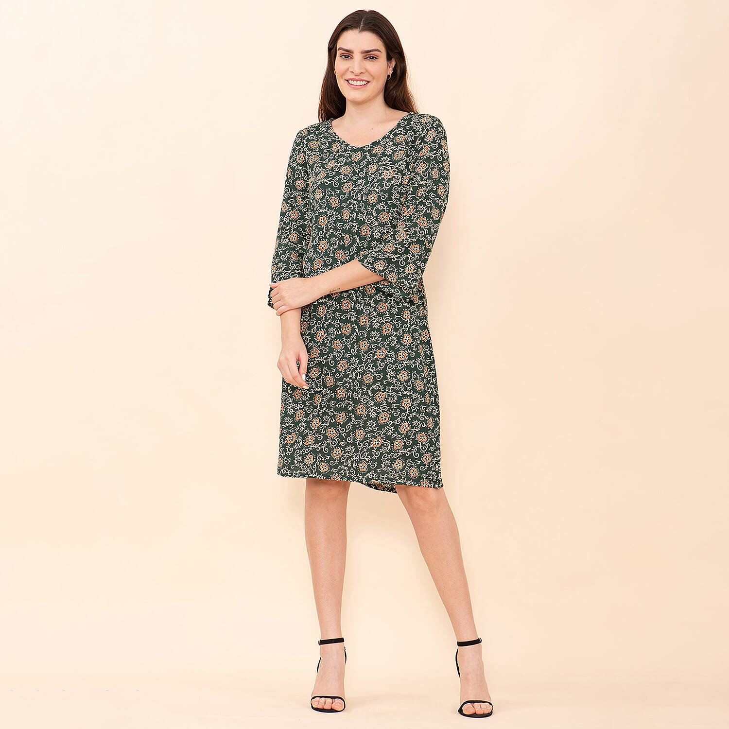 TAMSY 100% Viscose Floral Pattern Midi Dress (Size 12) - Dark Green