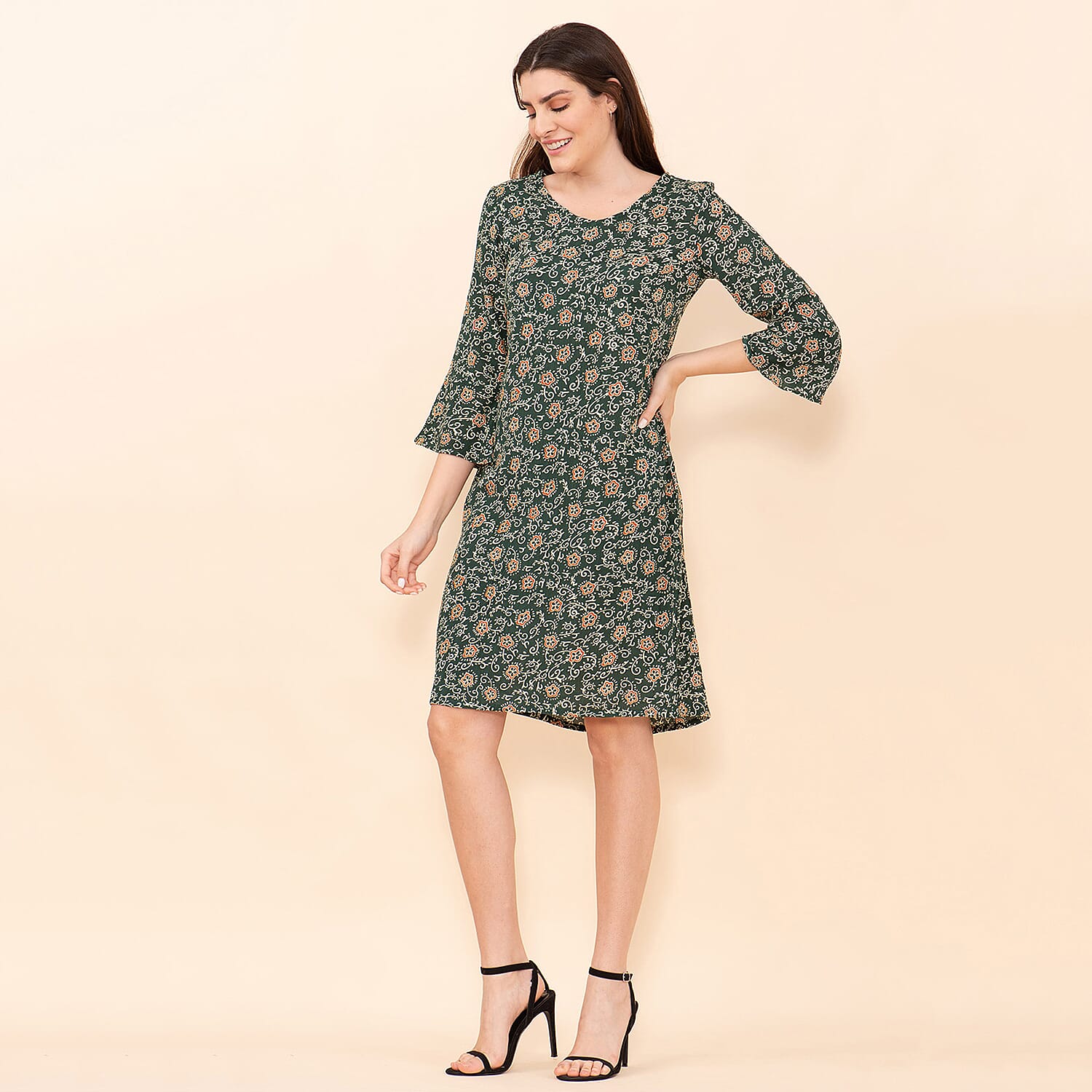 TAMSY 100% Viscose Floral Pattern Midi Dress (Size 12) - Dark Green