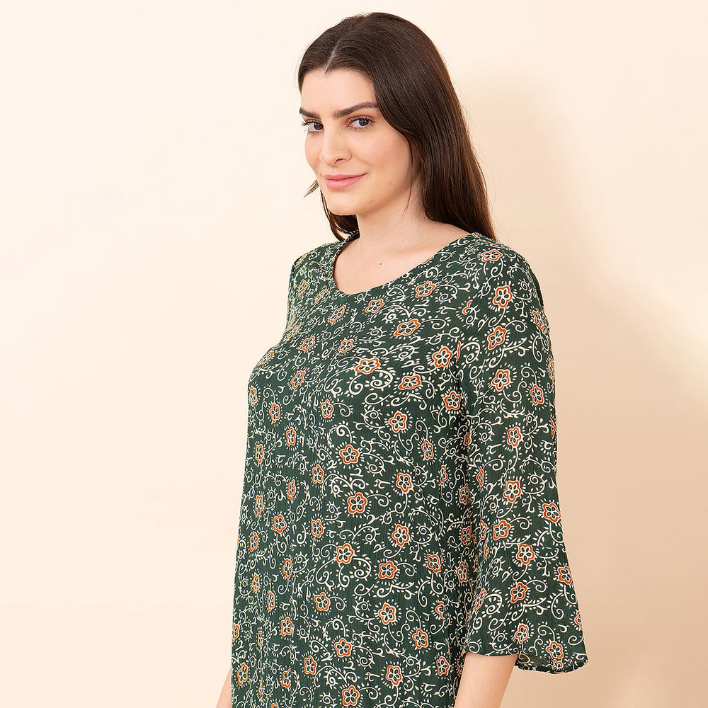TAMSY 100% Viscose Floral Pattern Midi Dress (Size 18) - Dark Green