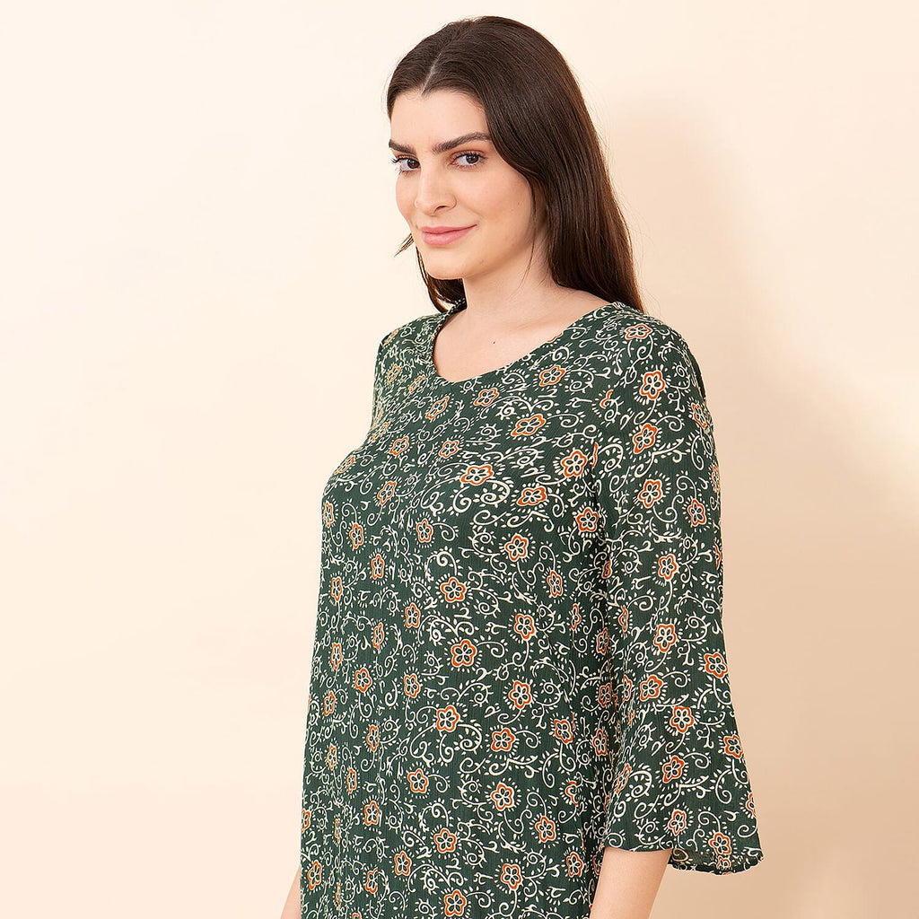 TAMSY 100% Viscose Floral Pattern Midi Dress (Size 18) - Dark Green