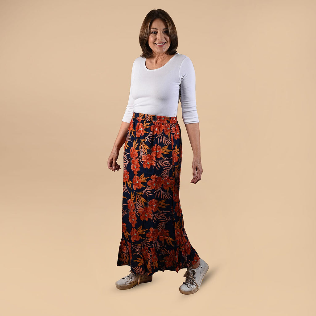 TAMSY 100% Viscose Floral Pattern Skirt (Size 12) - Black & Orange