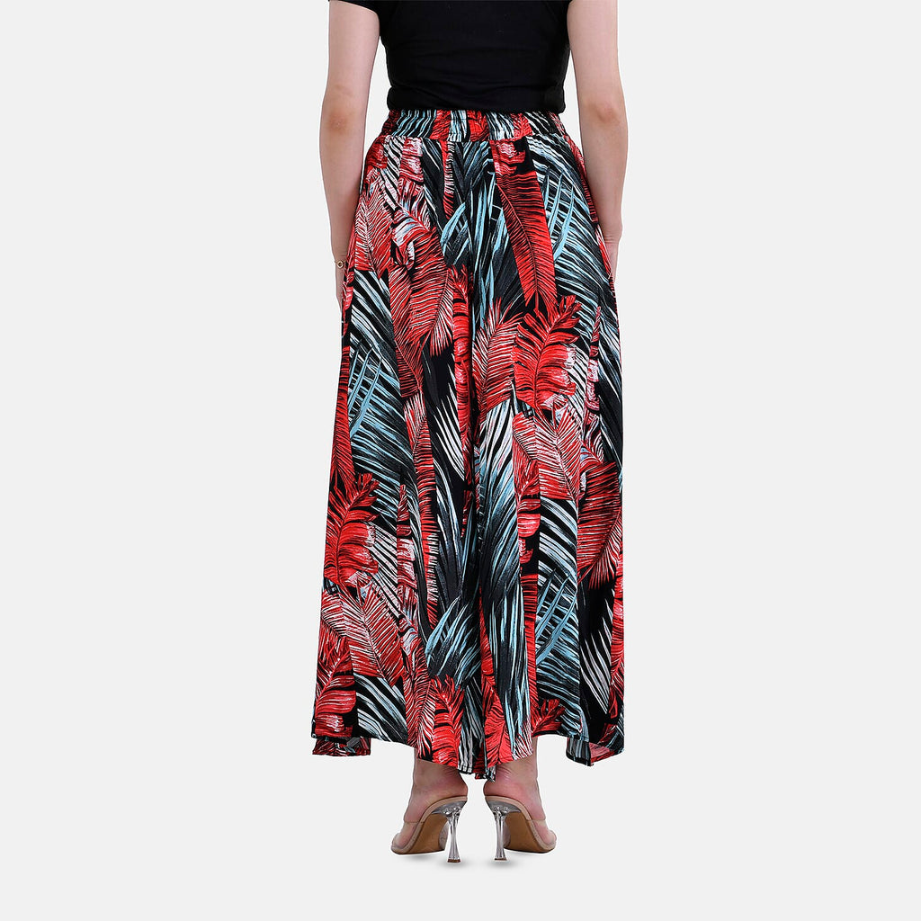 Tamsy 100% Viscose Tropical Leaves Pattern Elastic-waistband Culotte (One Size 8 - 18) - Green & Red