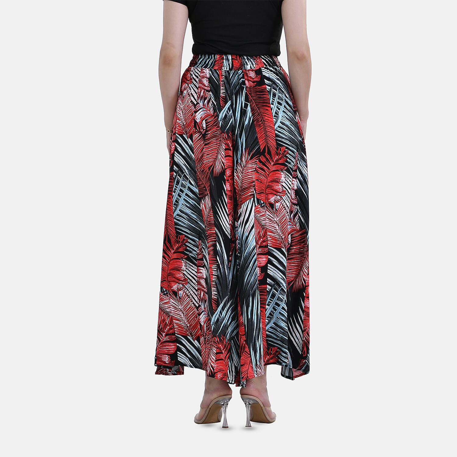 Tamsy 100% Viscose Tropical Leaves Pattern Elastic-waistband Culotte (One Size 8 - 18) - Green & Red