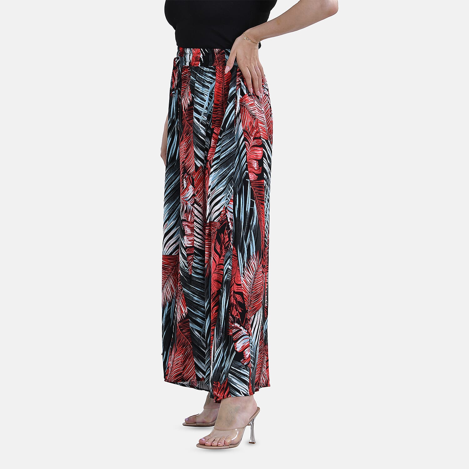 Tamsy 100% Viscose Tropical Leaves Pattern Elastic-waistband Culotte (One Size 8 - 18) - Green & Red
