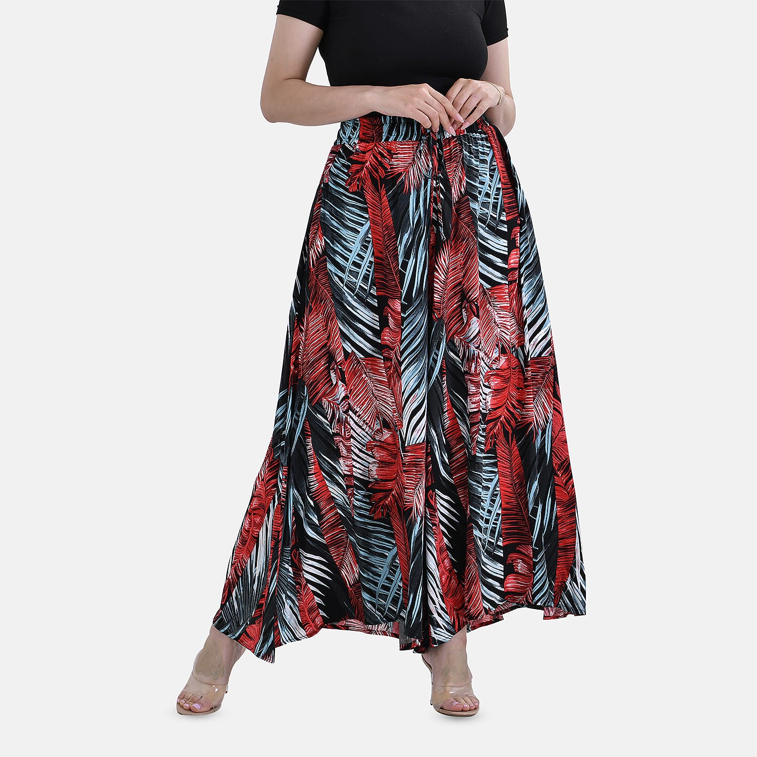 Tamsy 100% Viscose Tropical Leaves Pattern Elastic-waistband Culotte (One Size 8 - 18) - Green & Red