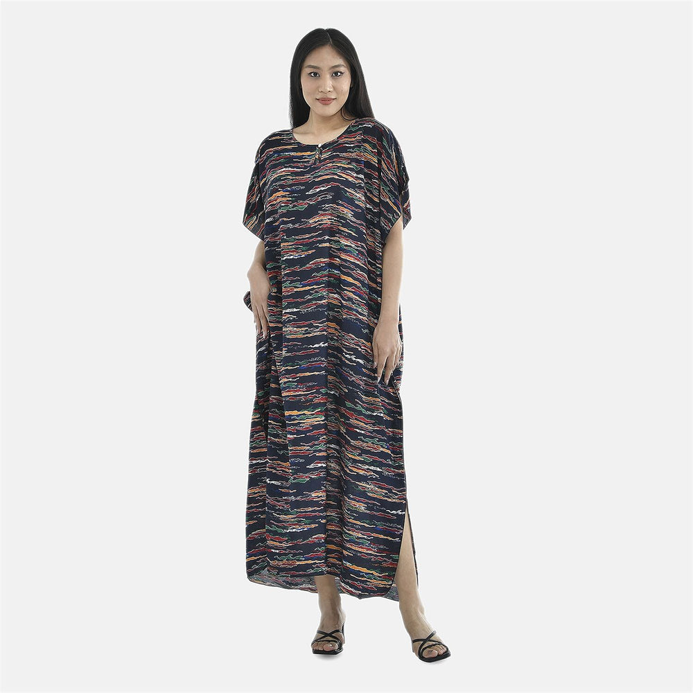TAMSY 100% Viscose Multi Colour Pattern Kaftan Dress (Size 138x77 Cm) - Navy