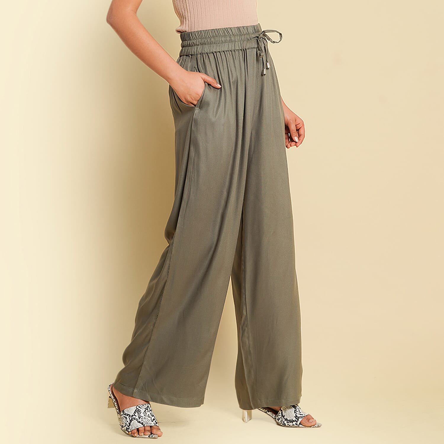 TAMSY 100% Viscose Plain Palazzo (Size L) - Khaki