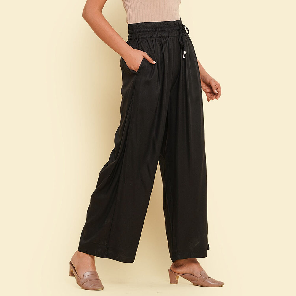 TAMSY 100% Viscose Plain Palazzo (Size M) - Black