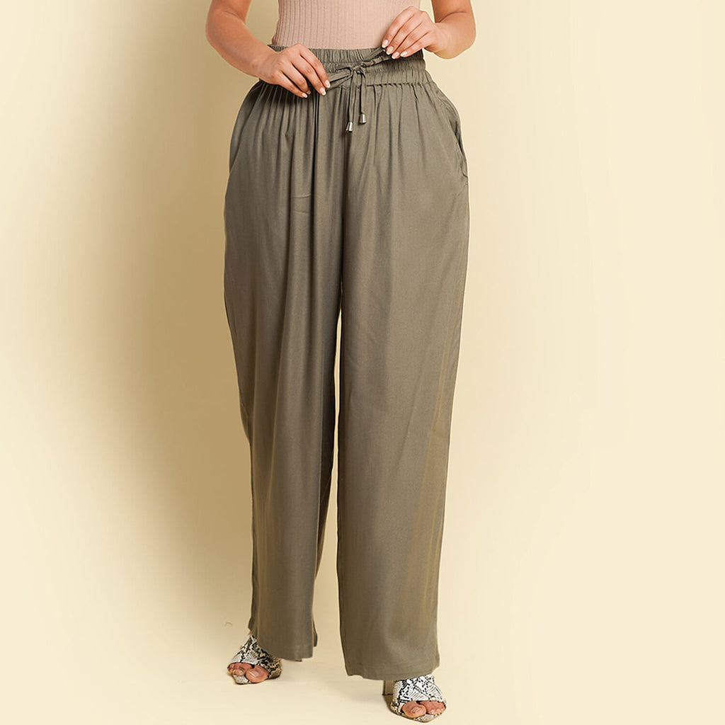 TAMSY 100% Viscose Plain Palazzo (Size M) - Khaki