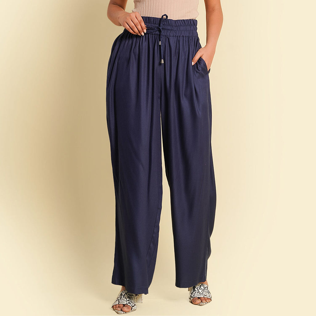 TAMSY 100% Viscose Plain Palazzo (Size M) - Navy