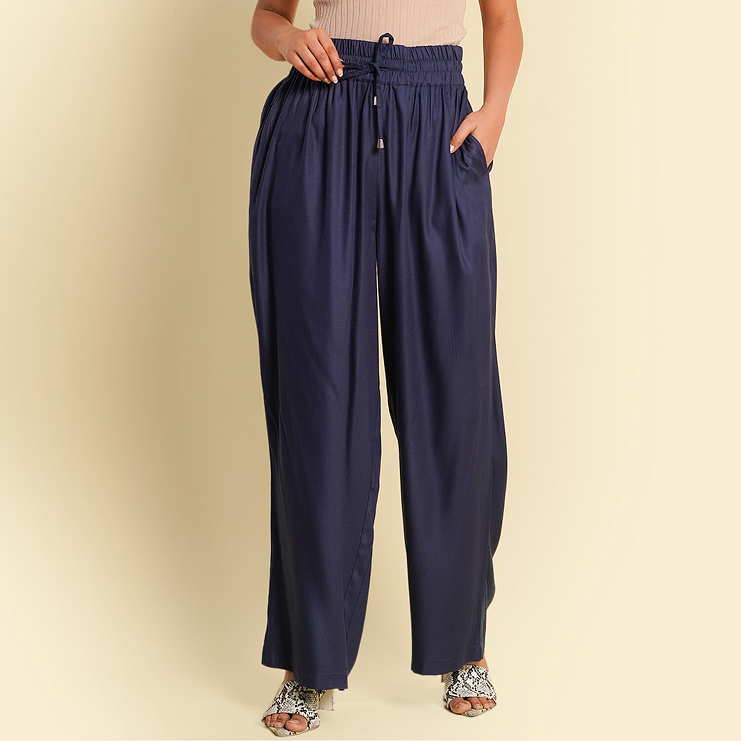 TAMSY 100% Viscose Plain Palazzo (Size M) - Navy